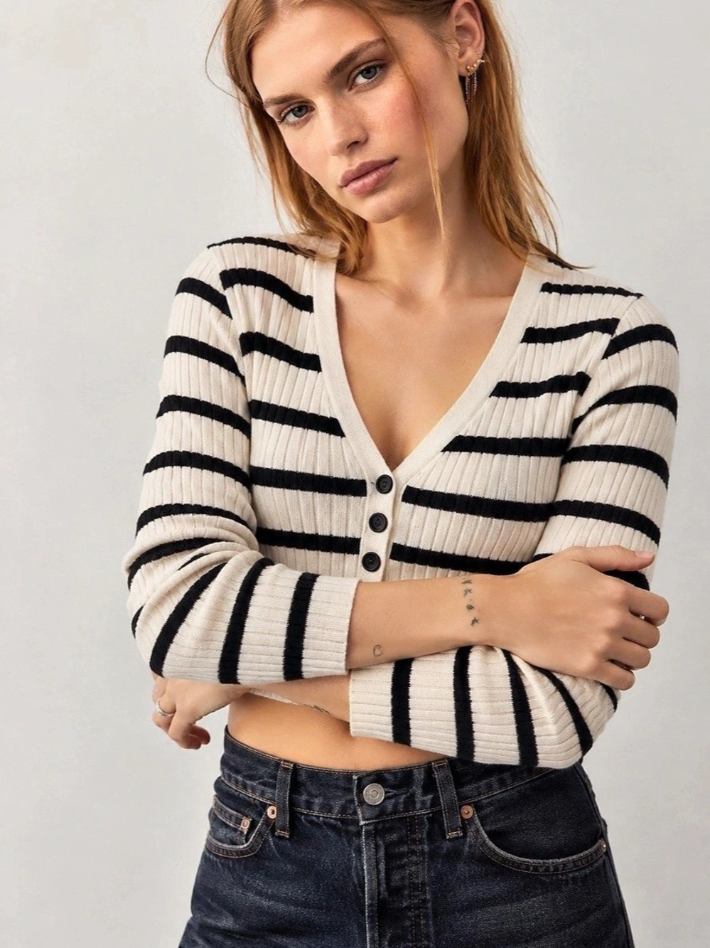 Blue Rain Francesca’s Striped Ribbed Cropped Henley Top L NWOT